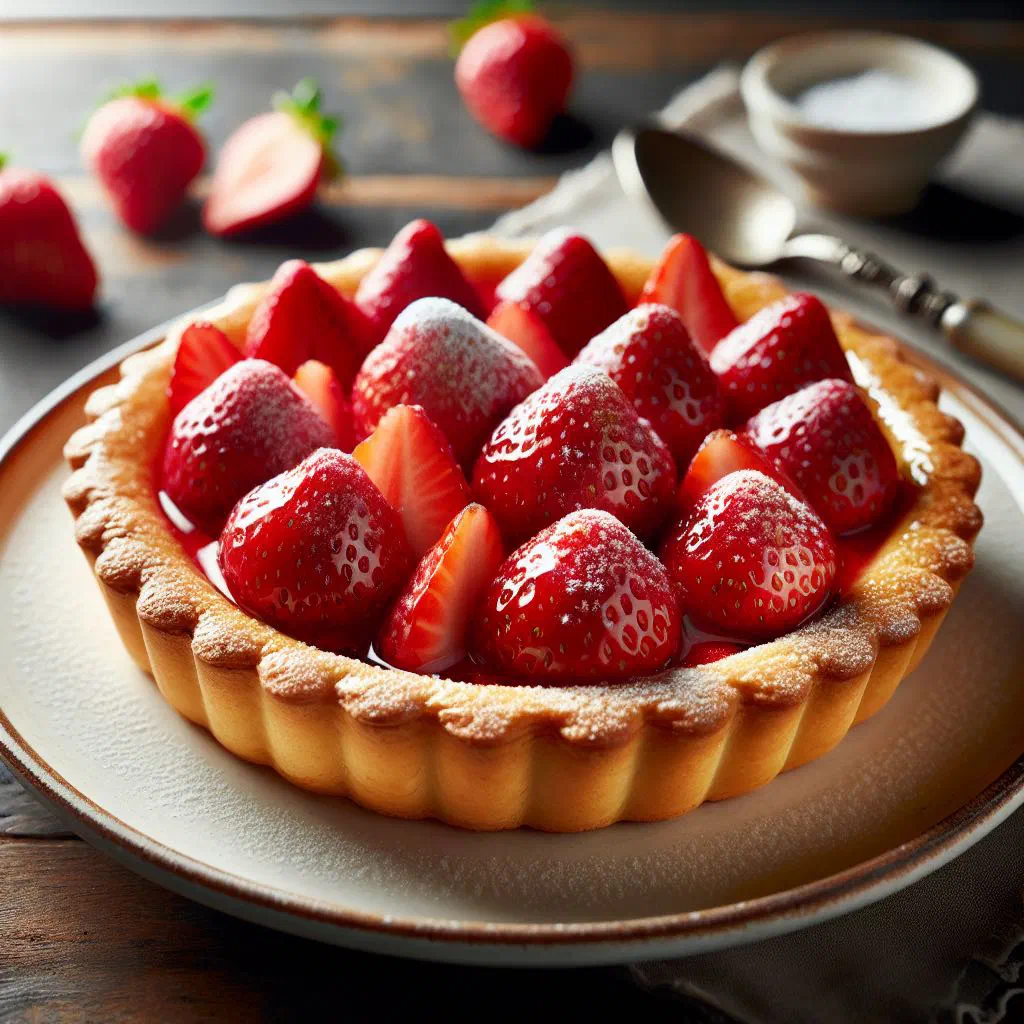 Strawberry tart with creamy filling and fresh sliced strawberries on shortcrust pastry