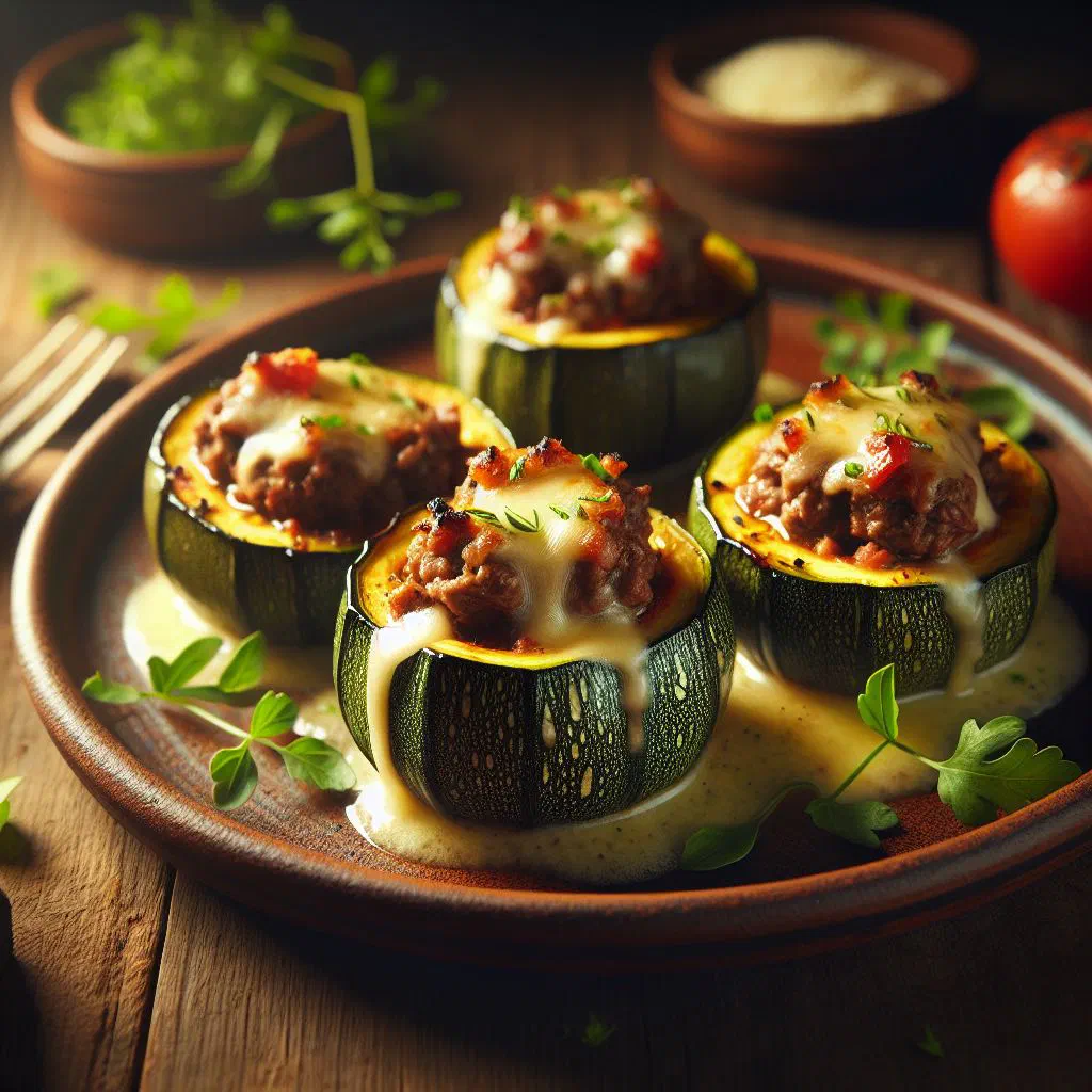 Baked stuffed courgettes topped with melted cheese