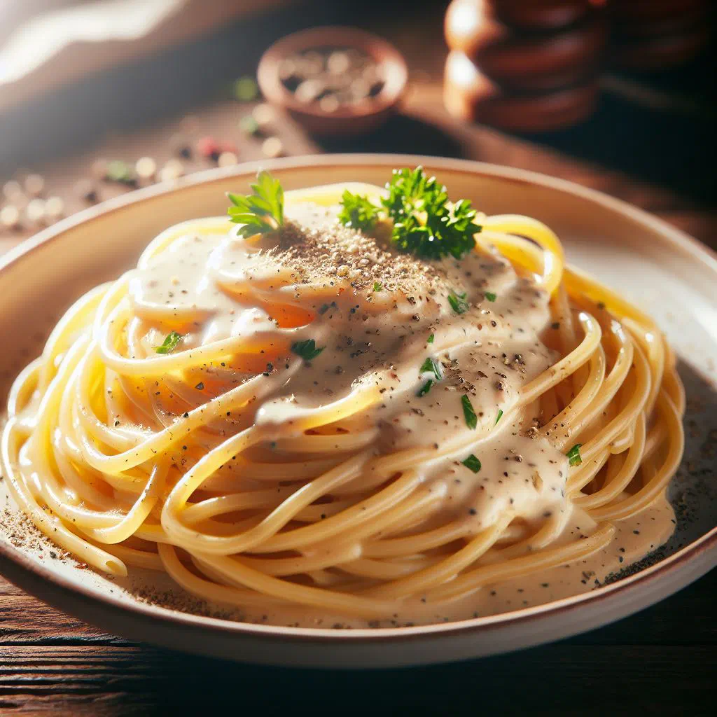 Tallarines coated in creamy white sauce, garnished with parsley and parmesan