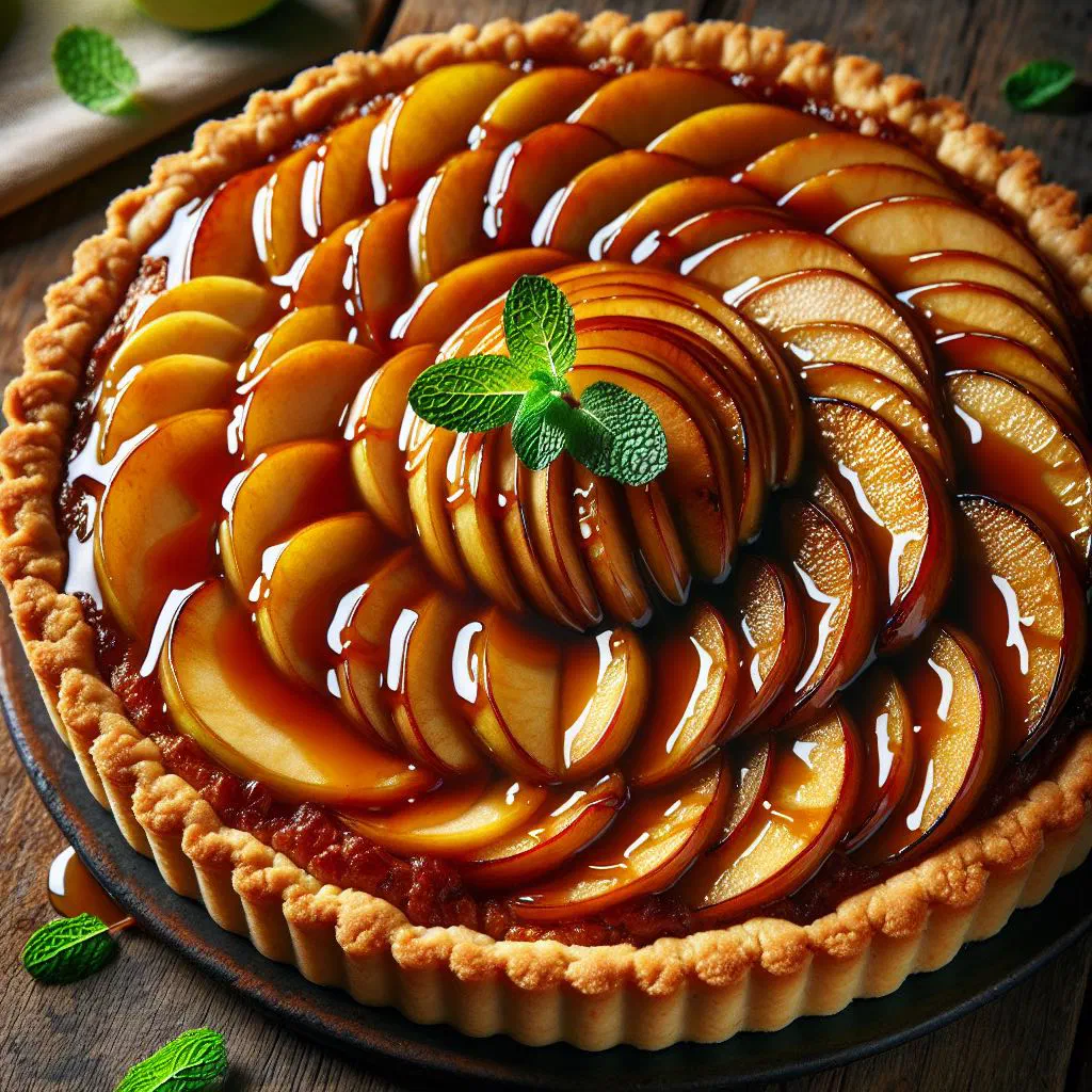 Golden caramelised apple tart on puff pastry, dusted with icing sugar