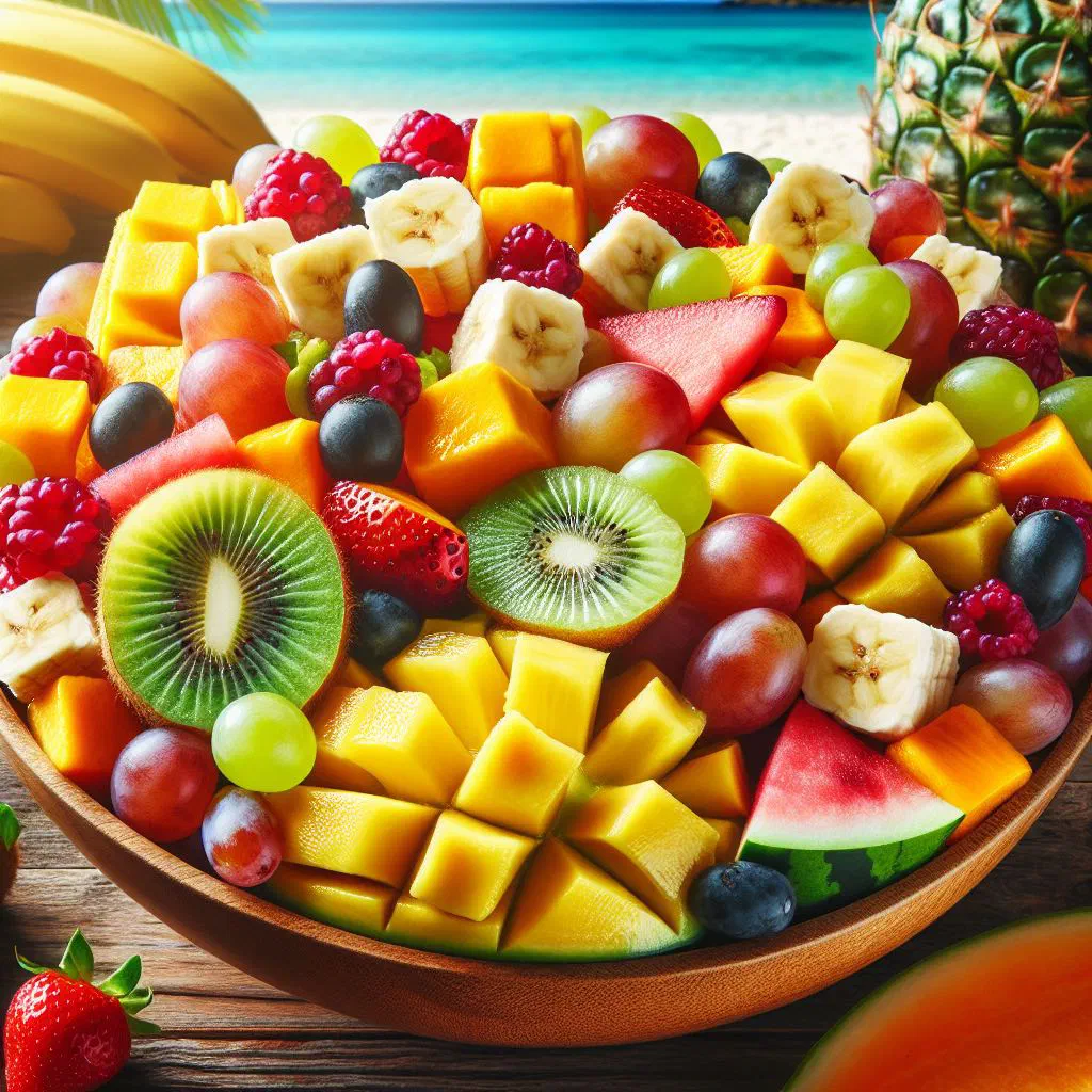 Colourful bowl of tropical fruit salad with pineapple, mango and mint