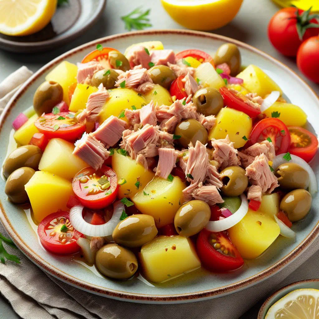 Uruguayan tuna and potato salad garnished with fresh parsley