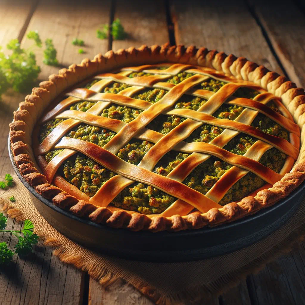 Golden vegan tarta pascualina spinach pie cut into slices