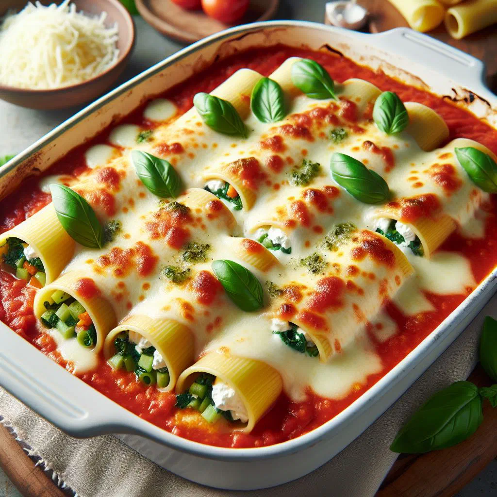 Baked vegetable and ricotta cannelloni topped with tomato sauce and melted cheese