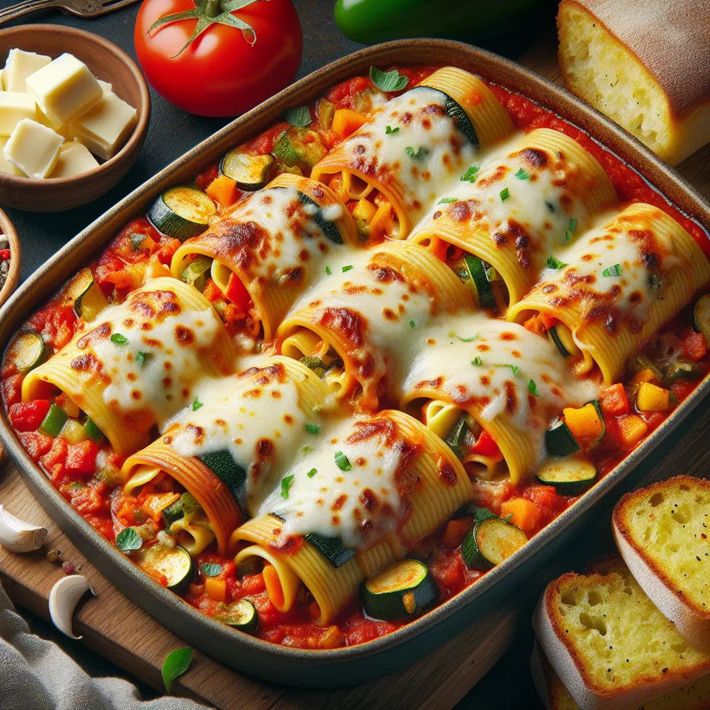 Baked vegetable cannelloni in béchamel sauce with a golden cheese topping