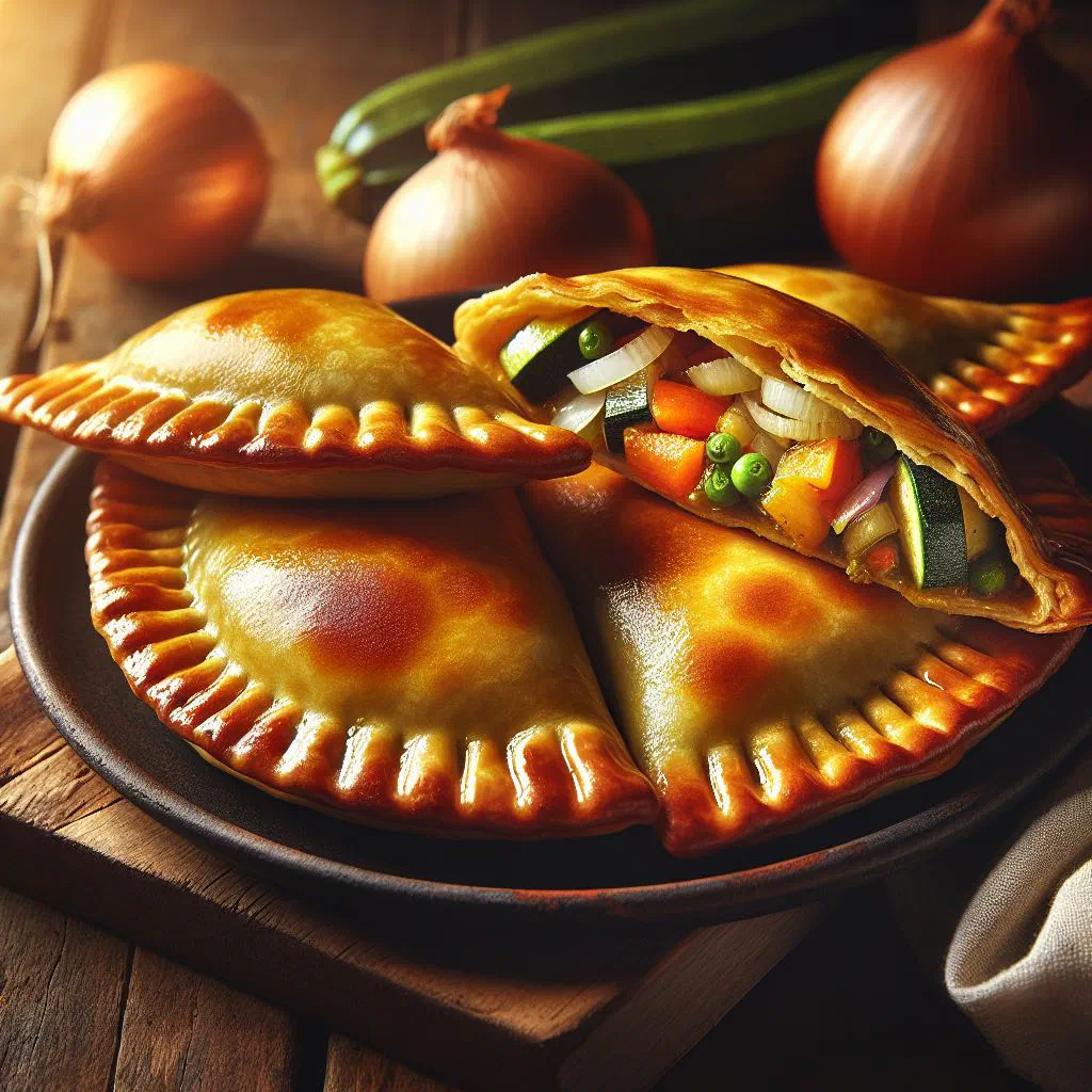 Golden baked vegetable empanadas on a wooden board