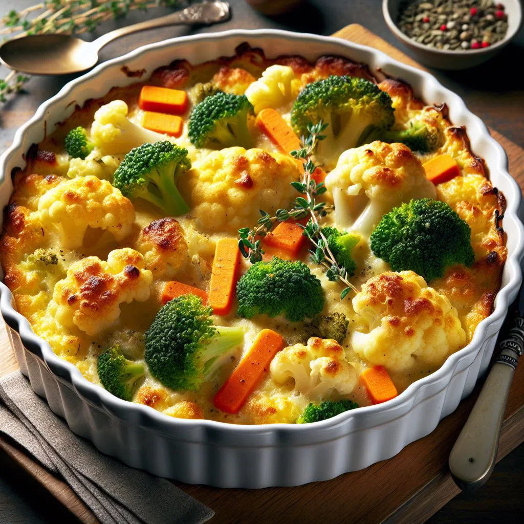 Golden, bubbling vegetable gratin fresh from the oven with a crisp cheese crust