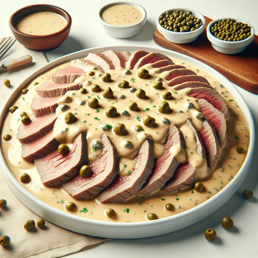Thinly sliced veal topped with creamy tuna sauce, capers and parsley