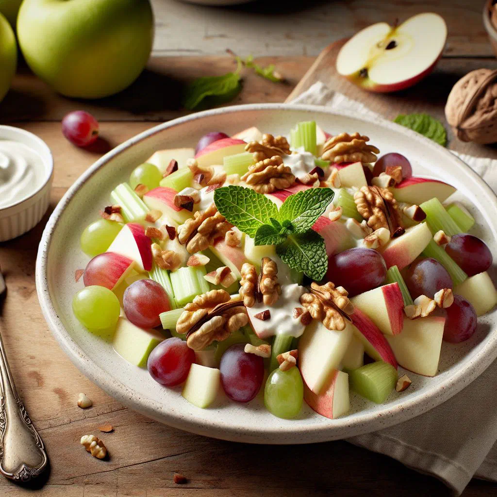 Waldorf salad with apple, walnuts and celery in a creamy dressing