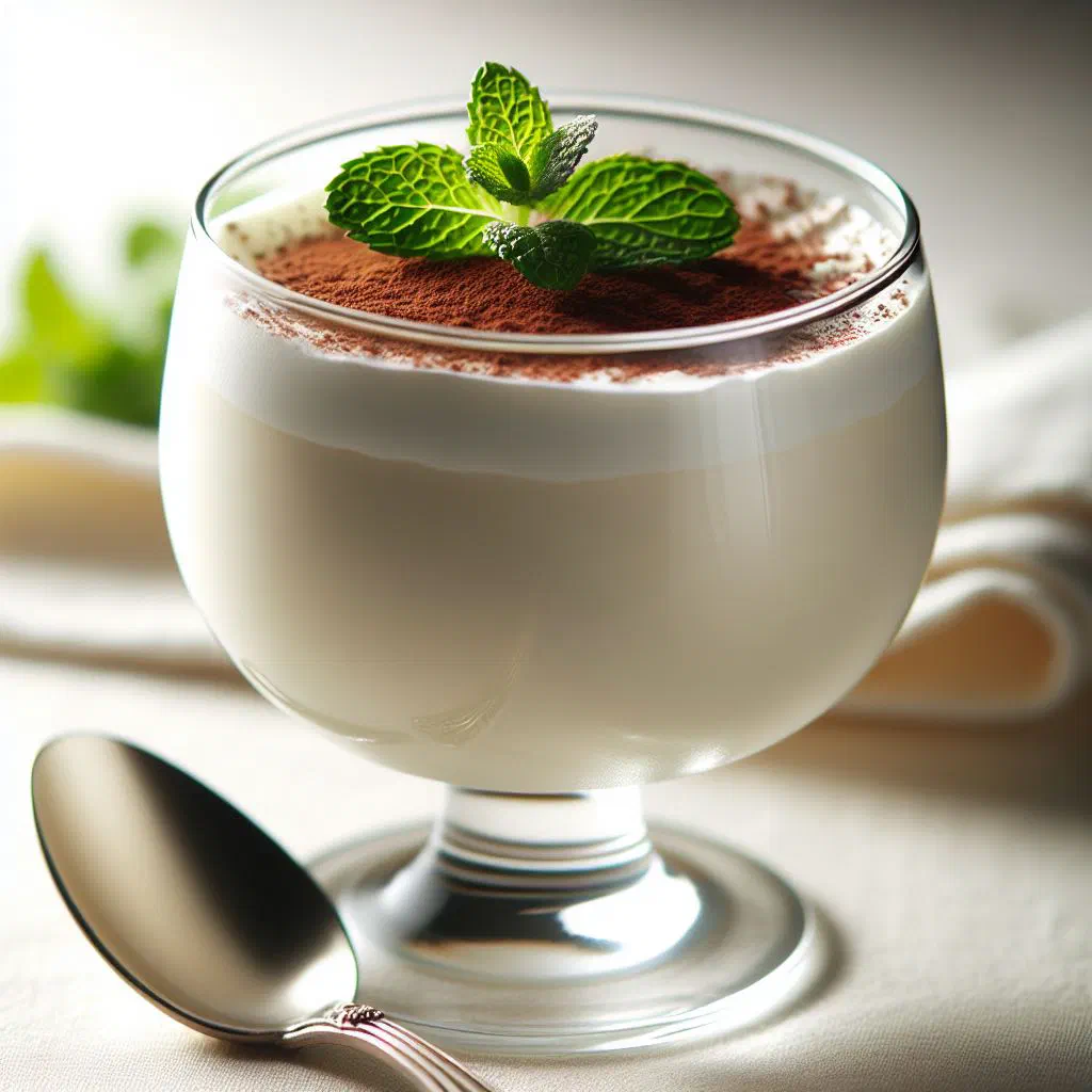 White chocolate mousse served in a glass and garnished with fresh fruit