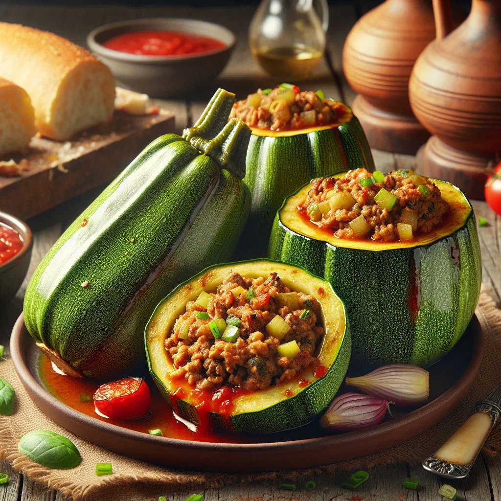Baked stuffed courgettes filled with seasoned minced meat and rice, garnished with fresh herbs