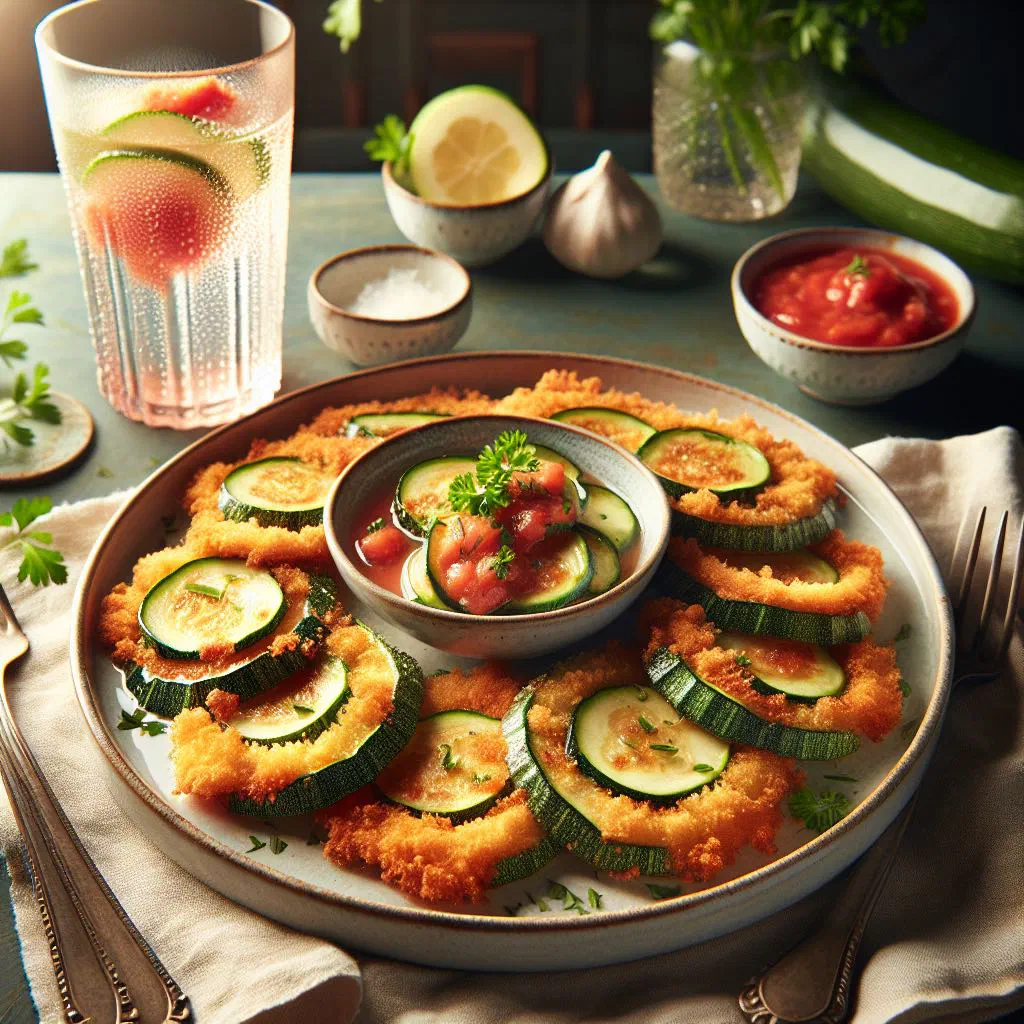Golden, crisp breaded courgette slices on a plate with fresh herbs