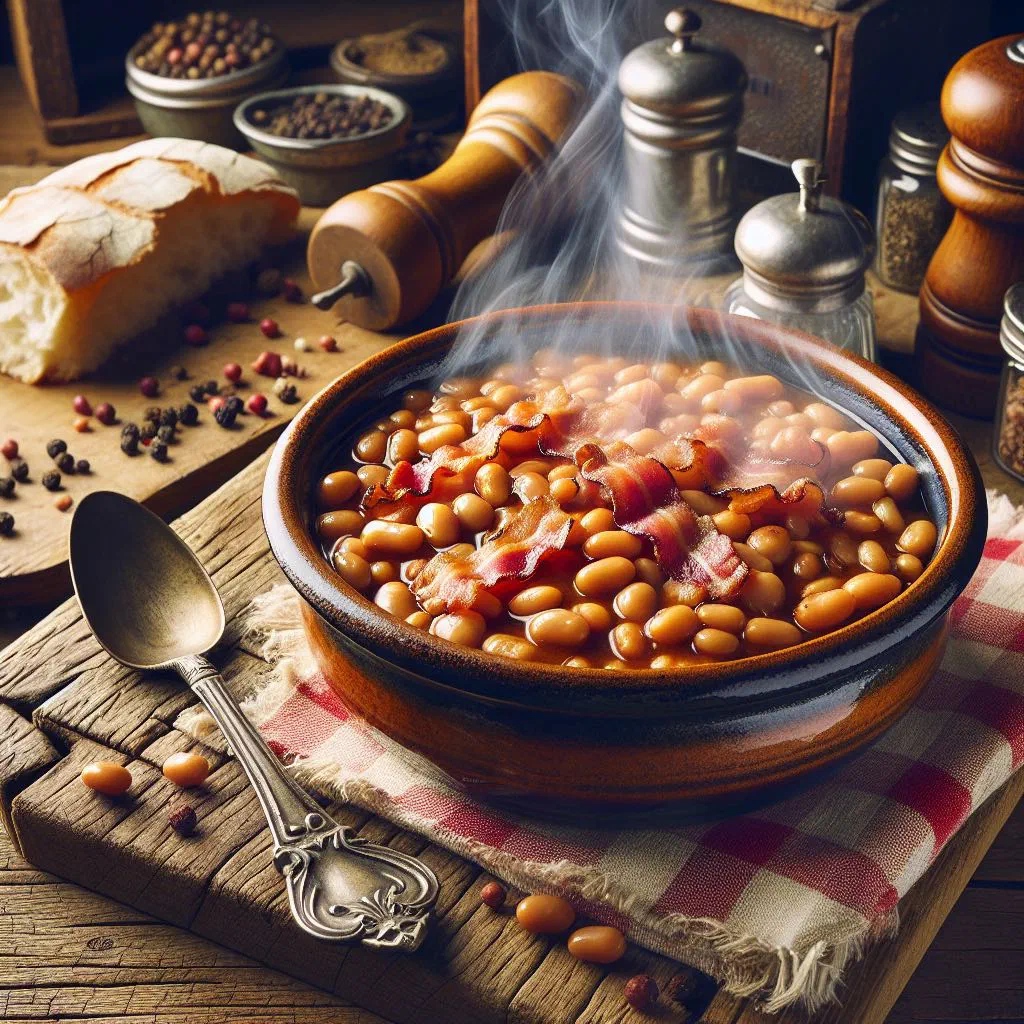Baked beans simmered in a rich tomato sauce in a rustic dish