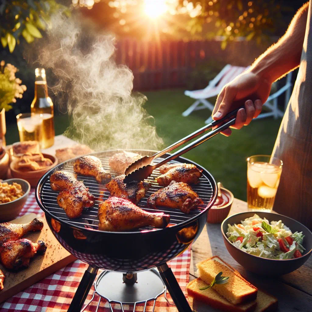 Grilled barbecue chicken glazed with BBQ sauce and fresh herbs