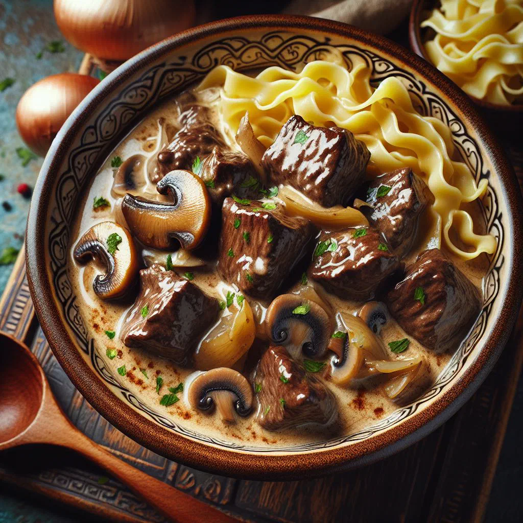 Creamy beef stroganoff with mushrooms served over pasta, garnished with parsley