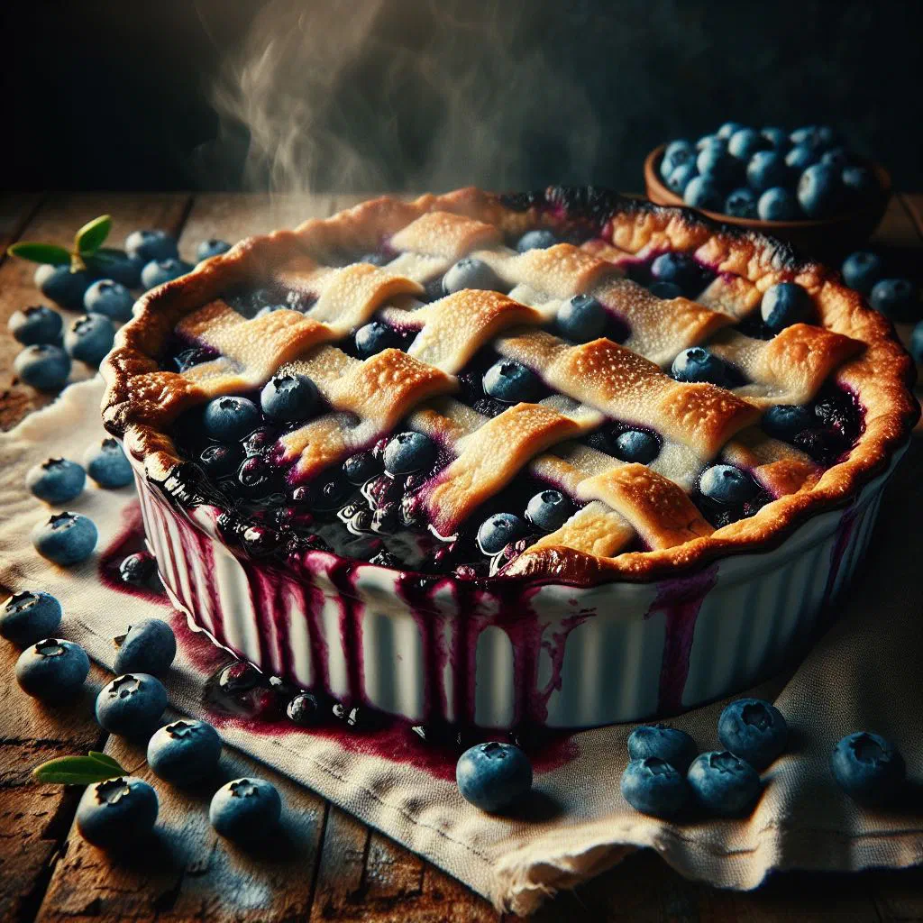 Golden-baked blueberry cobbler in a rustic dish with a scoop of vanilla ice cream