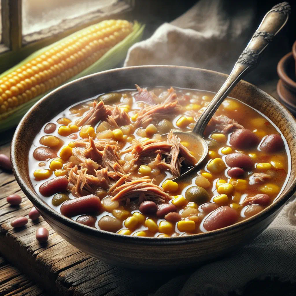 A bowl of Brunswick stew with chicken, sweetcorn and vegetables