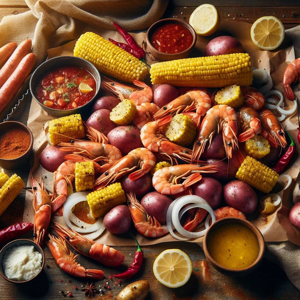 Cajun shrimp boil with prawns, corn, potatoes and lemon
