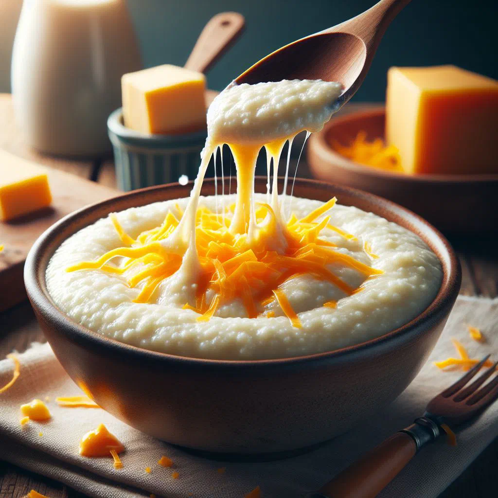 A bowl of creamy cheese grits topped with melted cheddar and fresh herbs