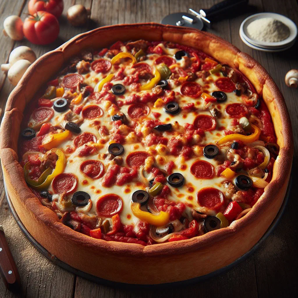 Chicago-style deep dish pizza with thick crust, melted cheese and tomato sauce