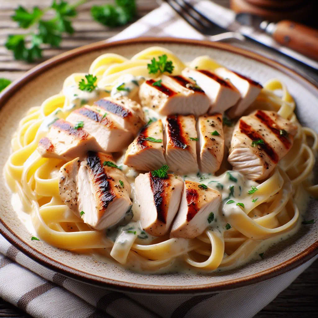 Creamy chicken Alfredo with fettuccine and grated Parmesan