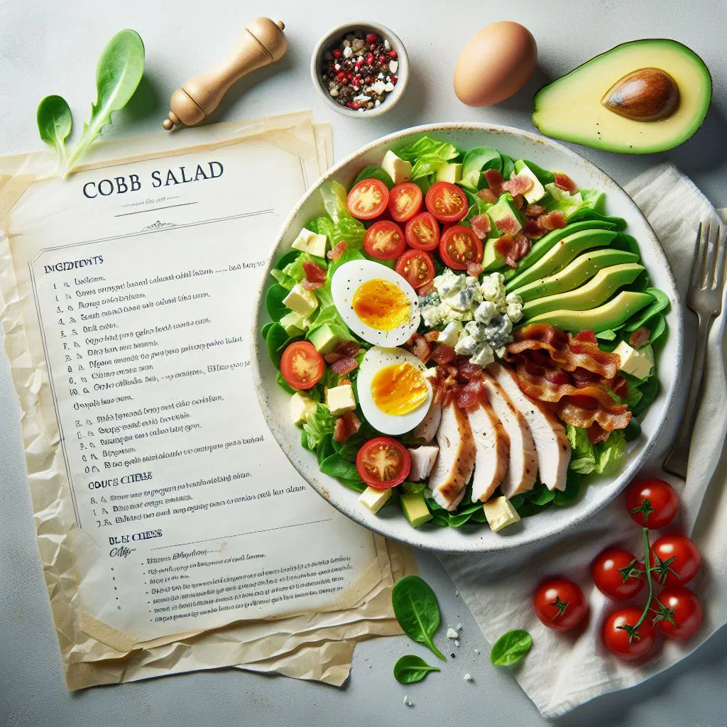 Cobb salad with chicken, bacon, avocado, tomatoes and blue cheese on a platter