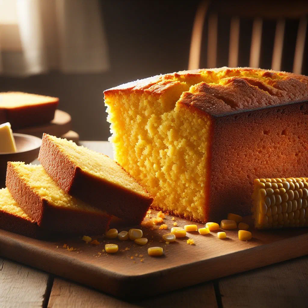Golden cornbread baked in a cast-iron pan, sliced into wedges