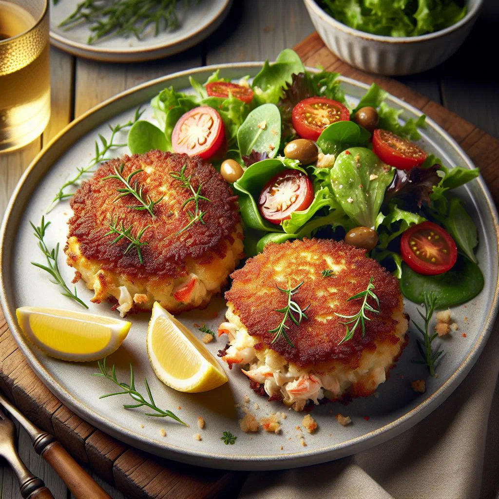 Golden pan-fried crab cakes with lemon wedges and a dipping sauce