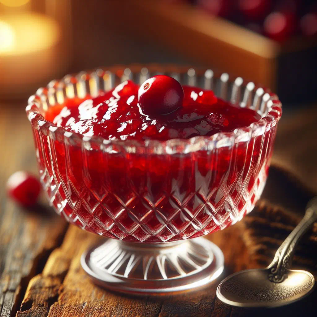 Homemade cranberry sauce in a serving bowl with fresh cranberries