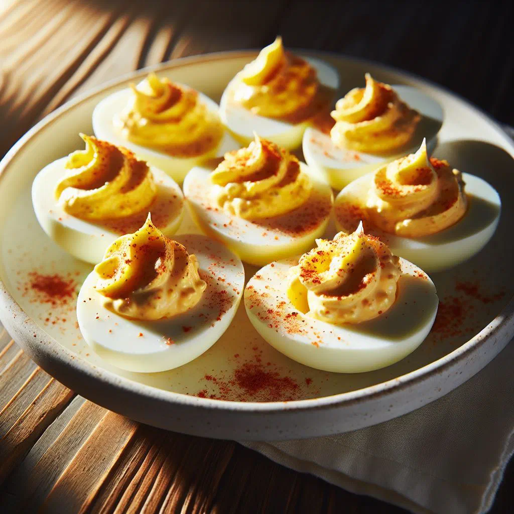 Halved deviled eggs filled with creamy yolk and dusted with paprika
