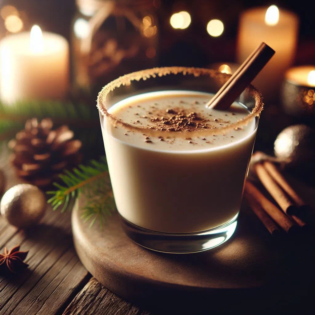 A glass of creamy eggnog dusted with freshly grated nutmeg