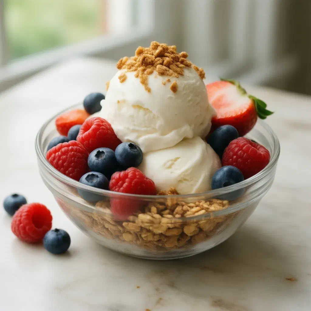 Two scoops of creamy frozen yogurt in a glass bowl with fresh berries and golden granola