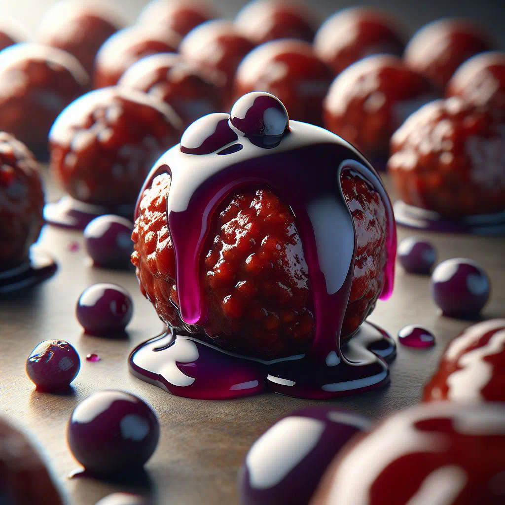 Glossy grape jelly meatballs in a sweet and savoury sauce, ready to serve