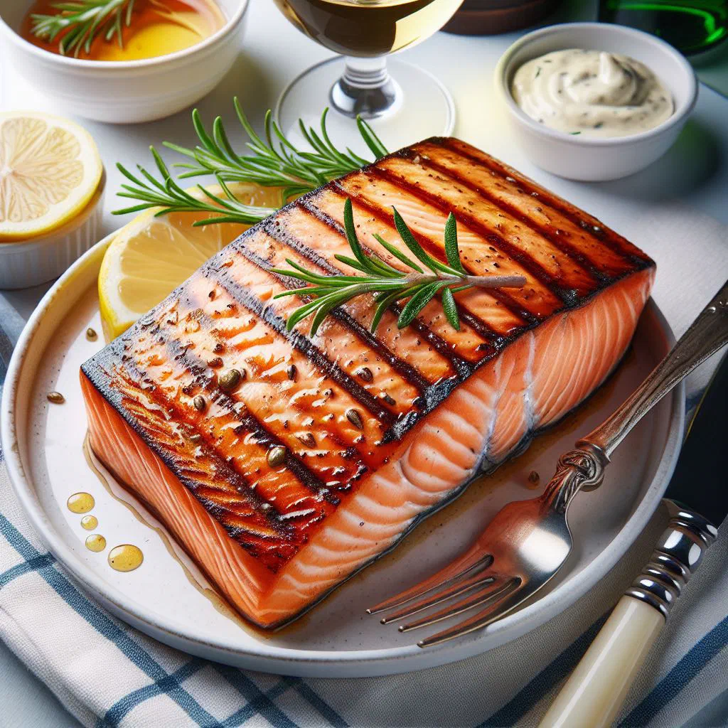 Grilled salmon fillets garnished with fresh dill and lemon slices