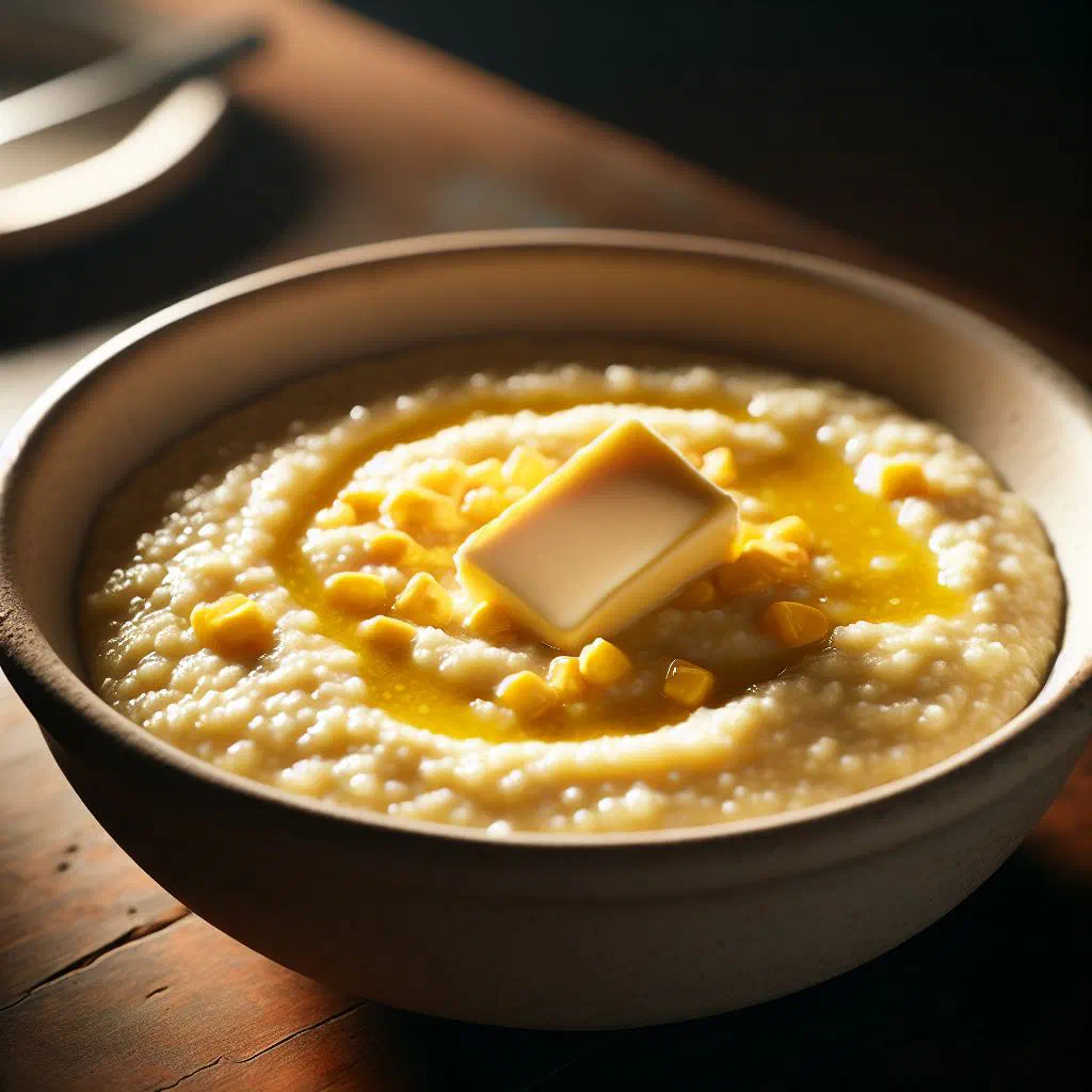 A creamy bowl of grits topped with a melting pat of butter