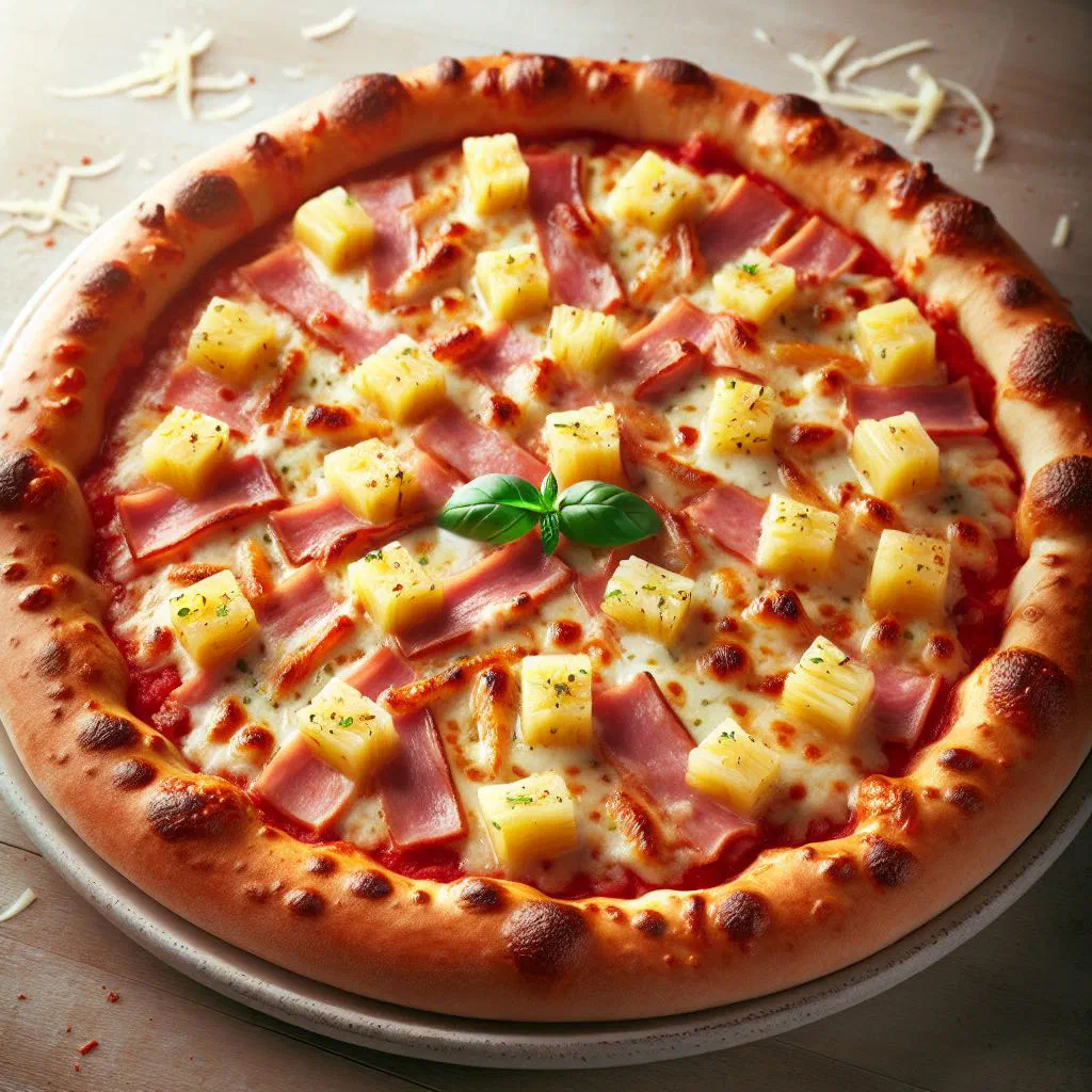 Hawaiian pizza topped with ham, pineapple chunks and melted cheese
