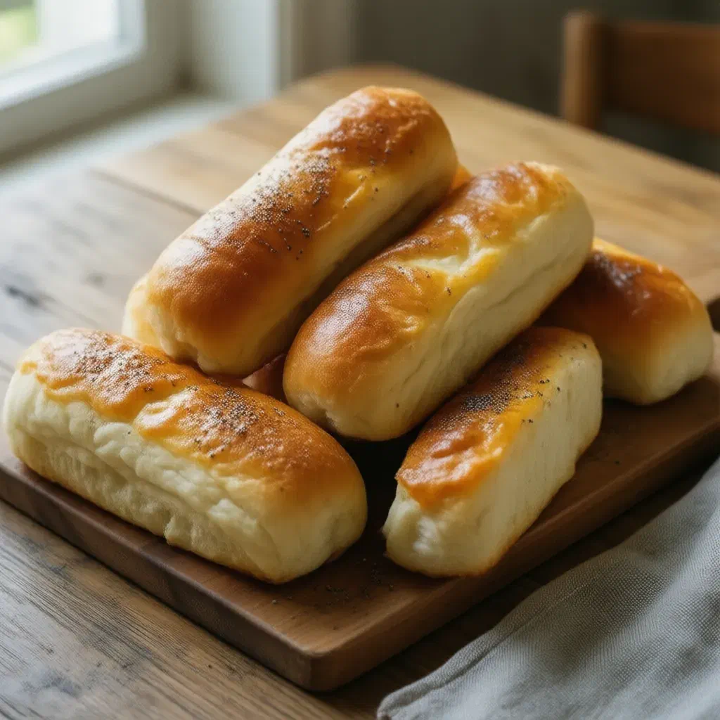 Six soft golden hot dog buns baked side by side, some split and topped with poppy seeds