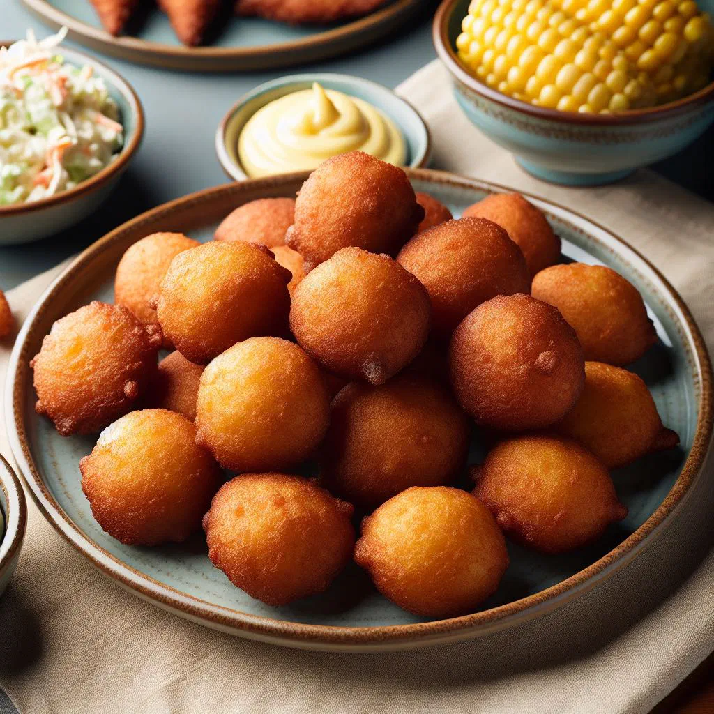 Golden, crisp hush puppies piled in a rustic bowl