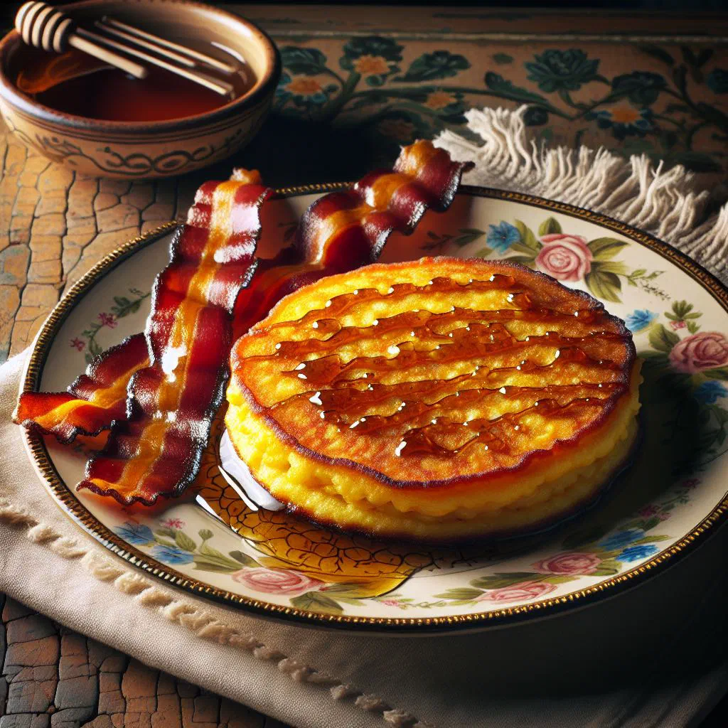Golden cornmeal johnny cakes stacked on a plate with maple syrup