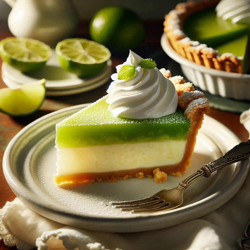 Key lime pie slice on a graham cracker crust topped with whipped cream and lime
