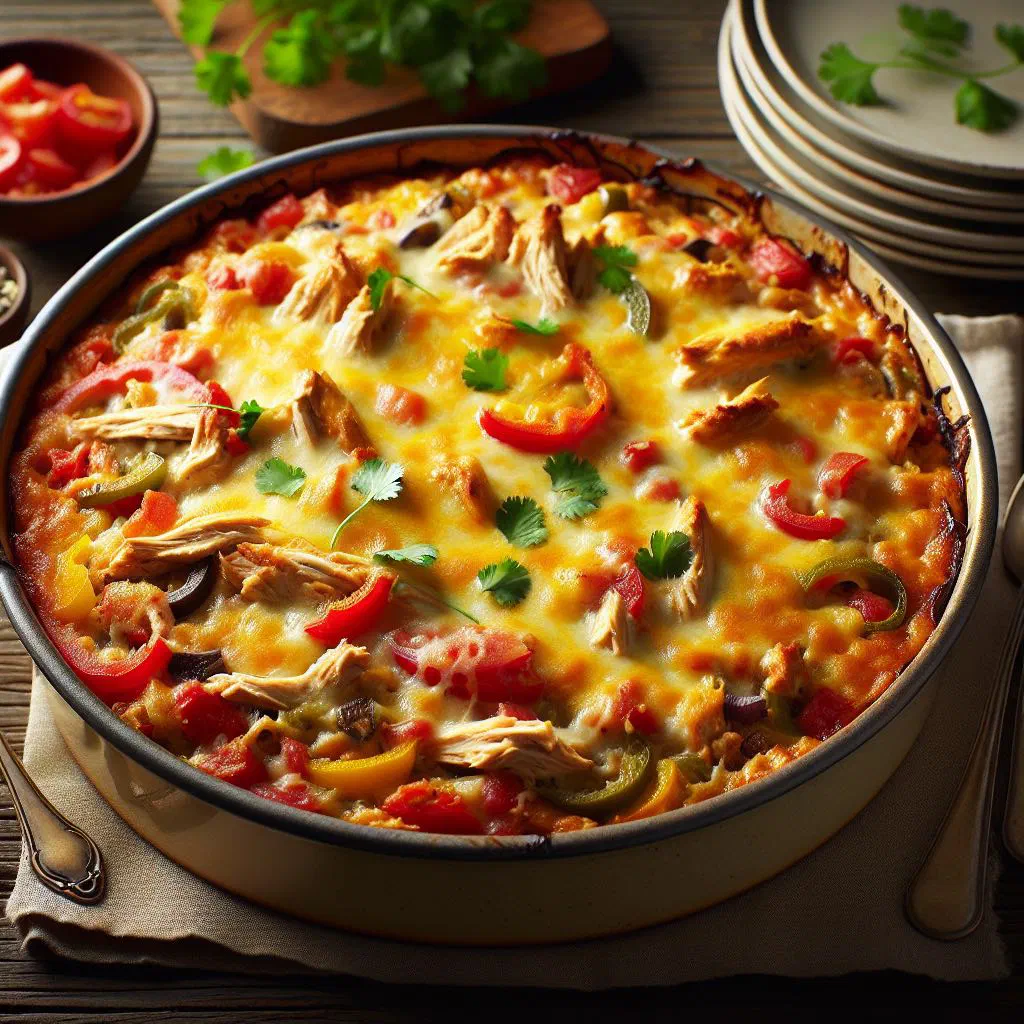 King Ranch chicken casserole baked golden with melted cheese in a dish