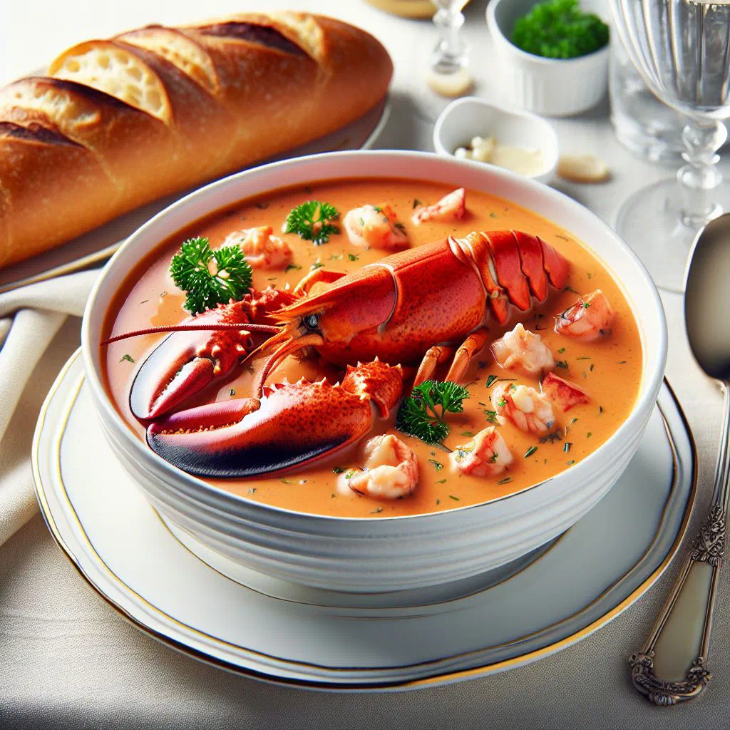 Creamy lobster bisque garnished with lobster pieces and parsley