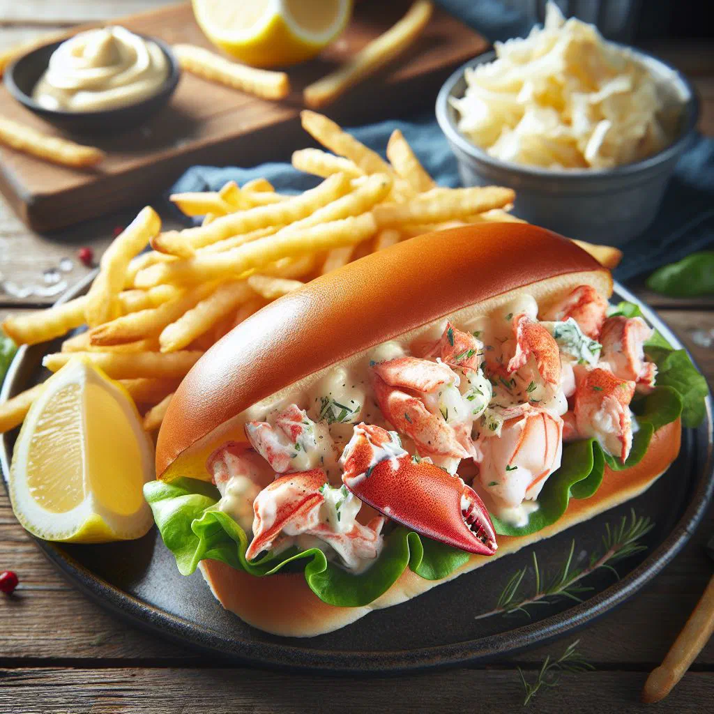 New England lobster roll with chunks of lobster in a toasted buttered bun