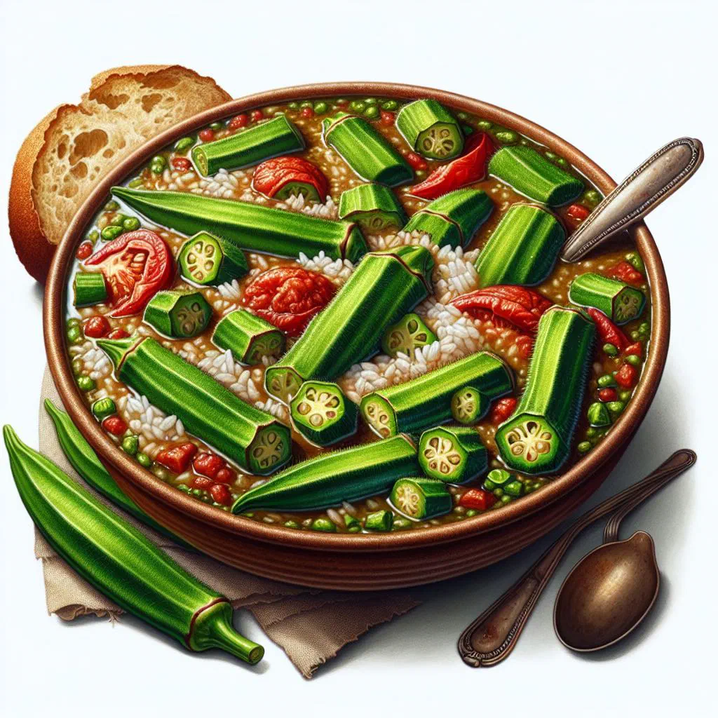 A bowl of okra gumbo with sausage, prawns and rice