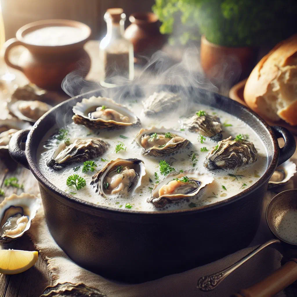 A creamy bowl of oyster stew garnished with fresh parsley