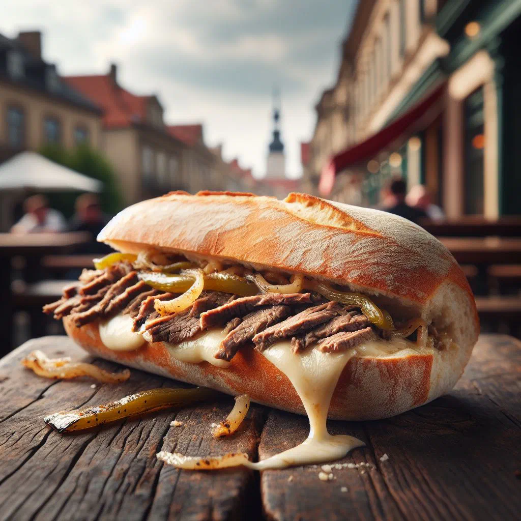 Philly cheesesteak on a hoagie roll filled with thin-sliced beef, melted cheese and onions