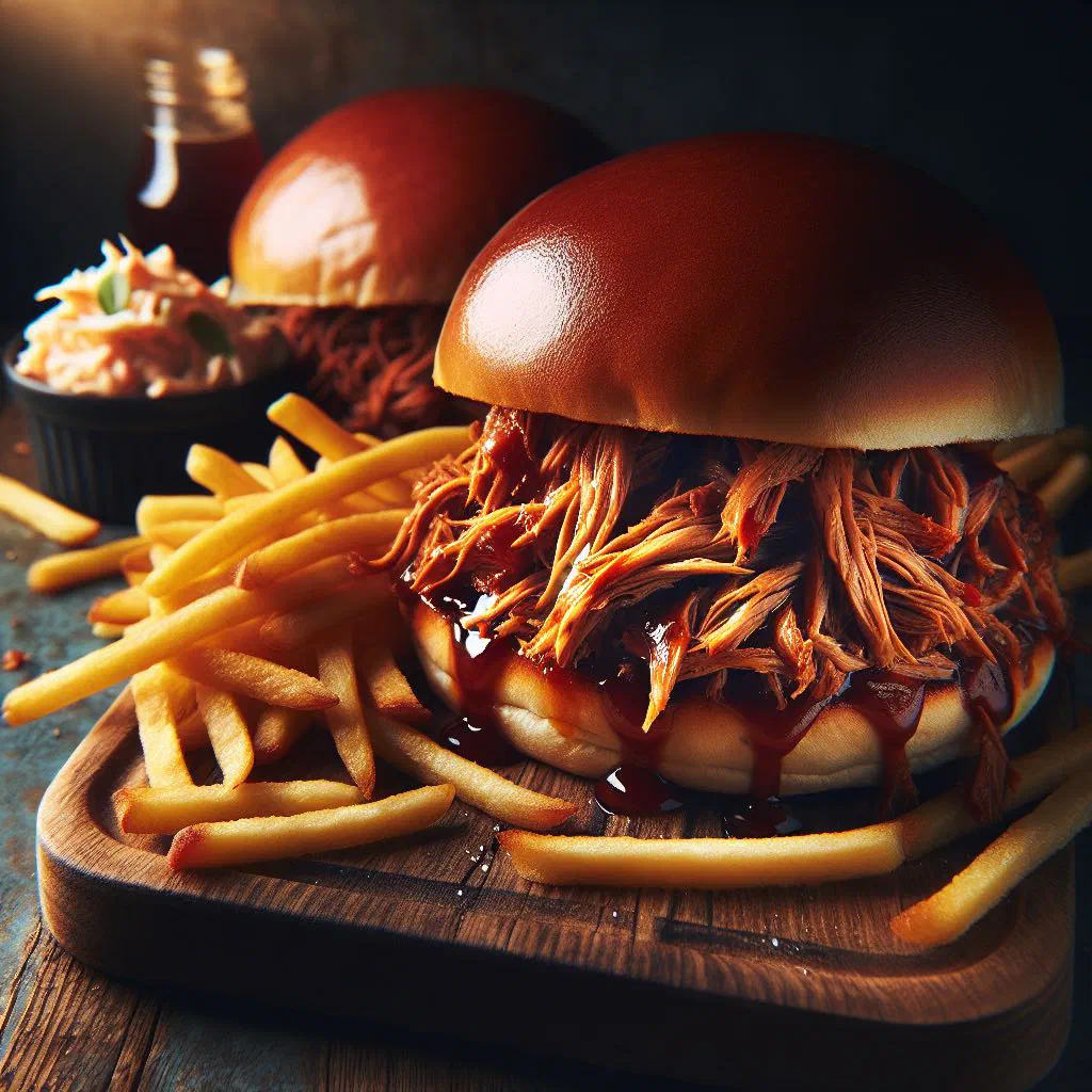 Pulled pork sandwich with BBQ sauce and coleslaw on a soft bun