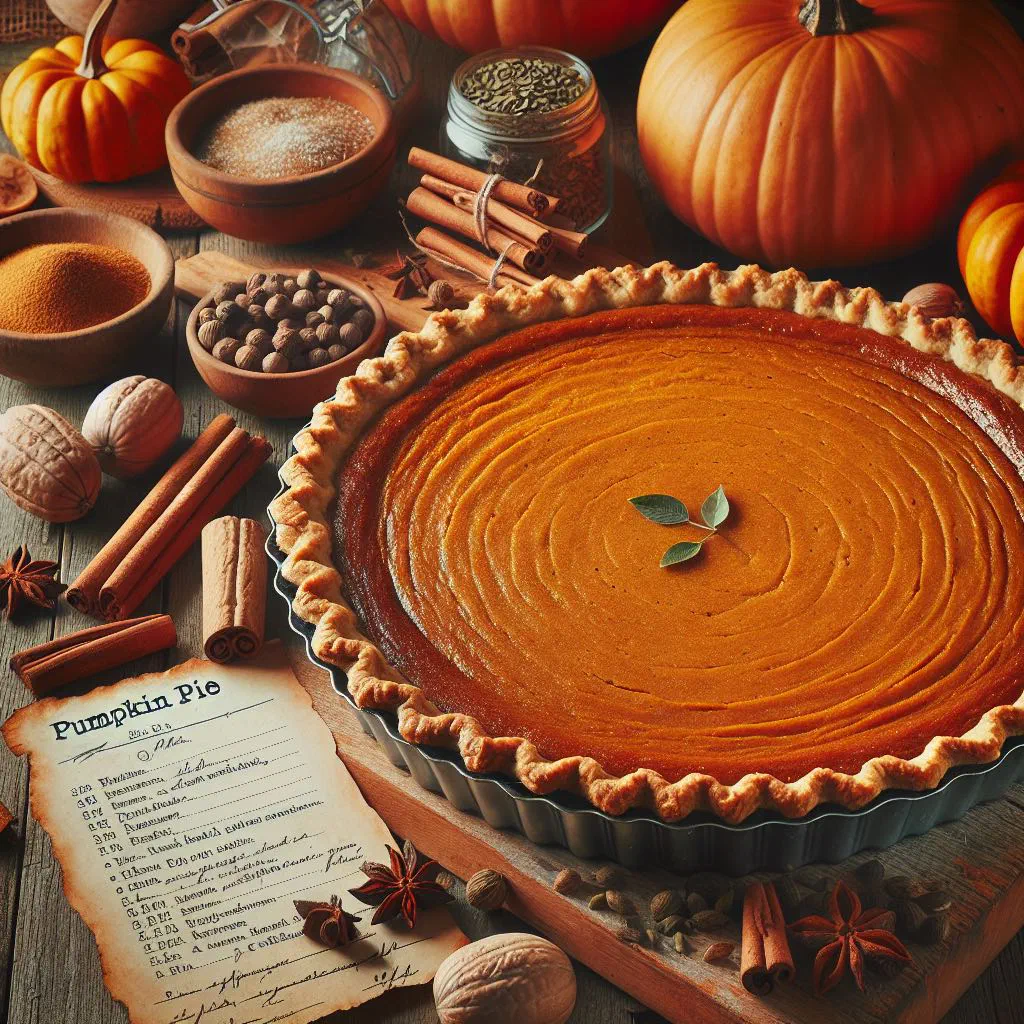 Slice of pumpkin pie with a flaky crust and a swirl of whipped cream