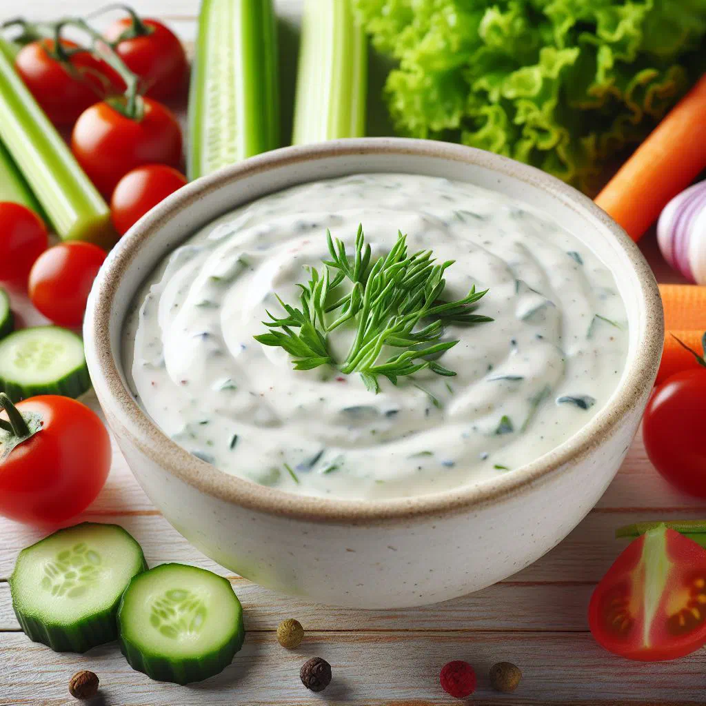 Creamy ranch dressing dip in a bowl with fresh vegetable sticks