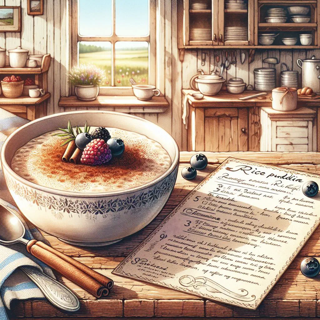 Creamy baked rice pudding dusted with cinnamon in a dish